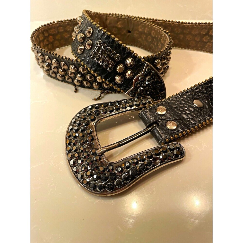 b.b.simon 2617 Black Studded Rhinestone Belt Silver-Tone Buckle Size 34